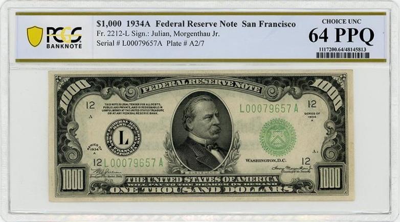 1934A $1000 Federal Reserve Note - San Francisco - Fr# 2212 - PCGS 64 PPQ