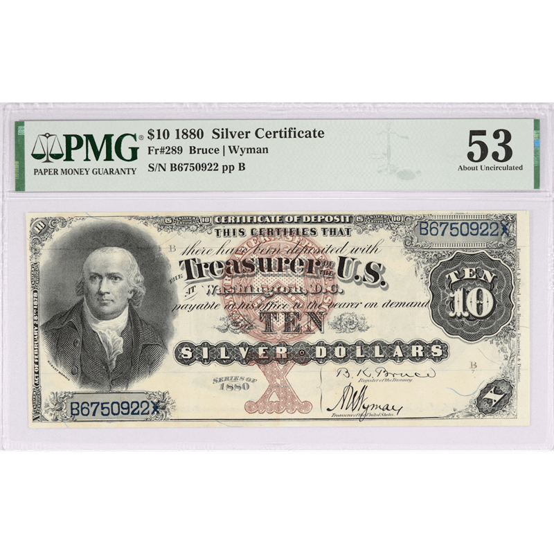 Fr.289 Robert Morris 1880 $10 Silver Certificate, PMG AU-53 - Nice Note