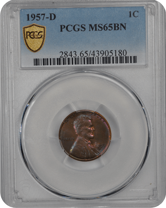 1957-D 1C Lincoln Cent - Type 1 Wheat Reverse PCGS BN #3439-1 MS65