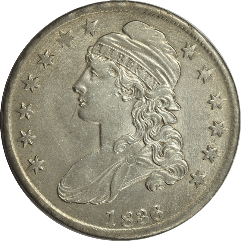 1836 Capped Bust Half Dollar 50c,  Circulated Almost Uncirculated - 50/00 Lettered Edge 