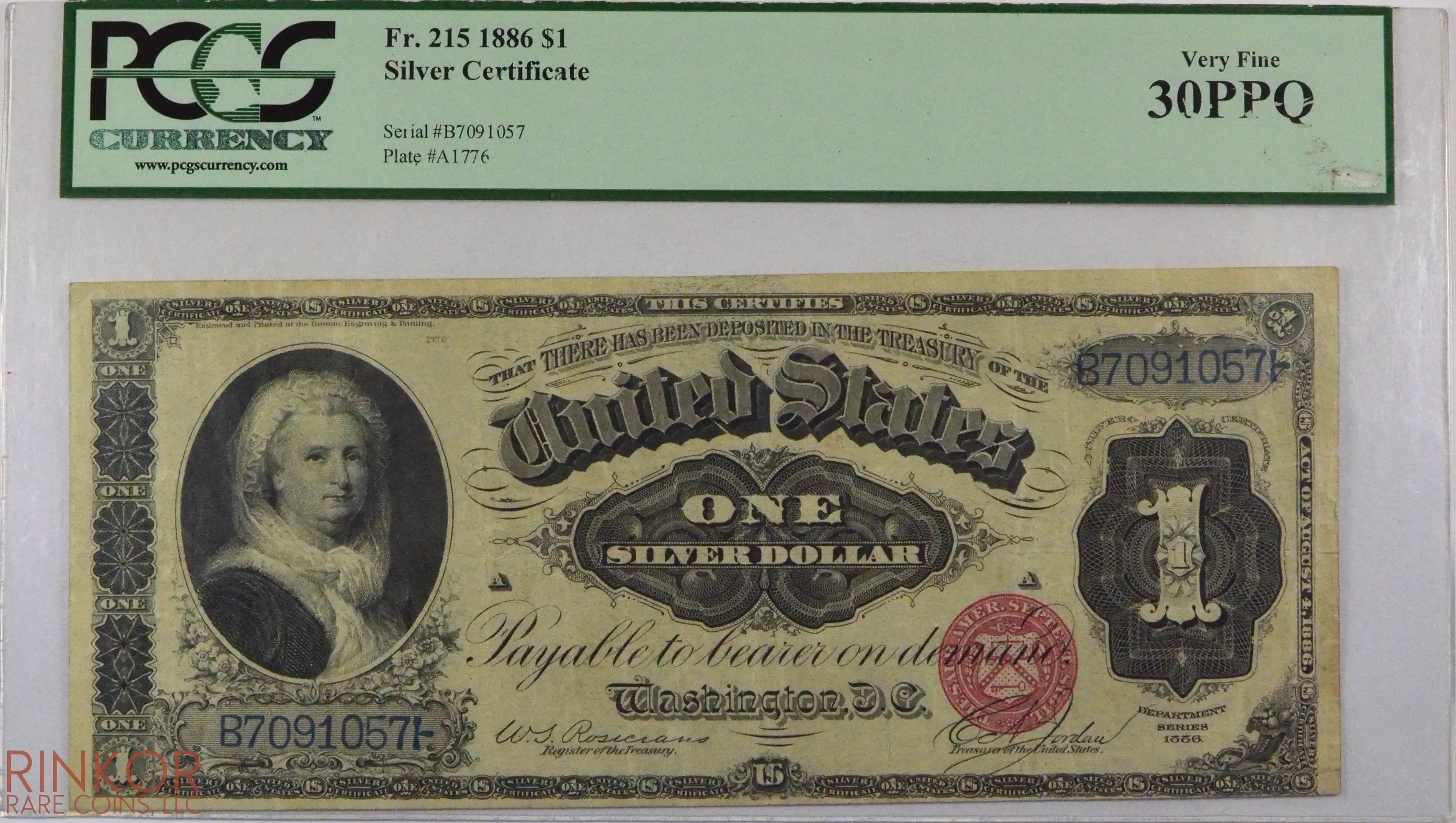 1886 $1 Fr. 215 Martha Silver Certificate PCGS VF-30 PPQ