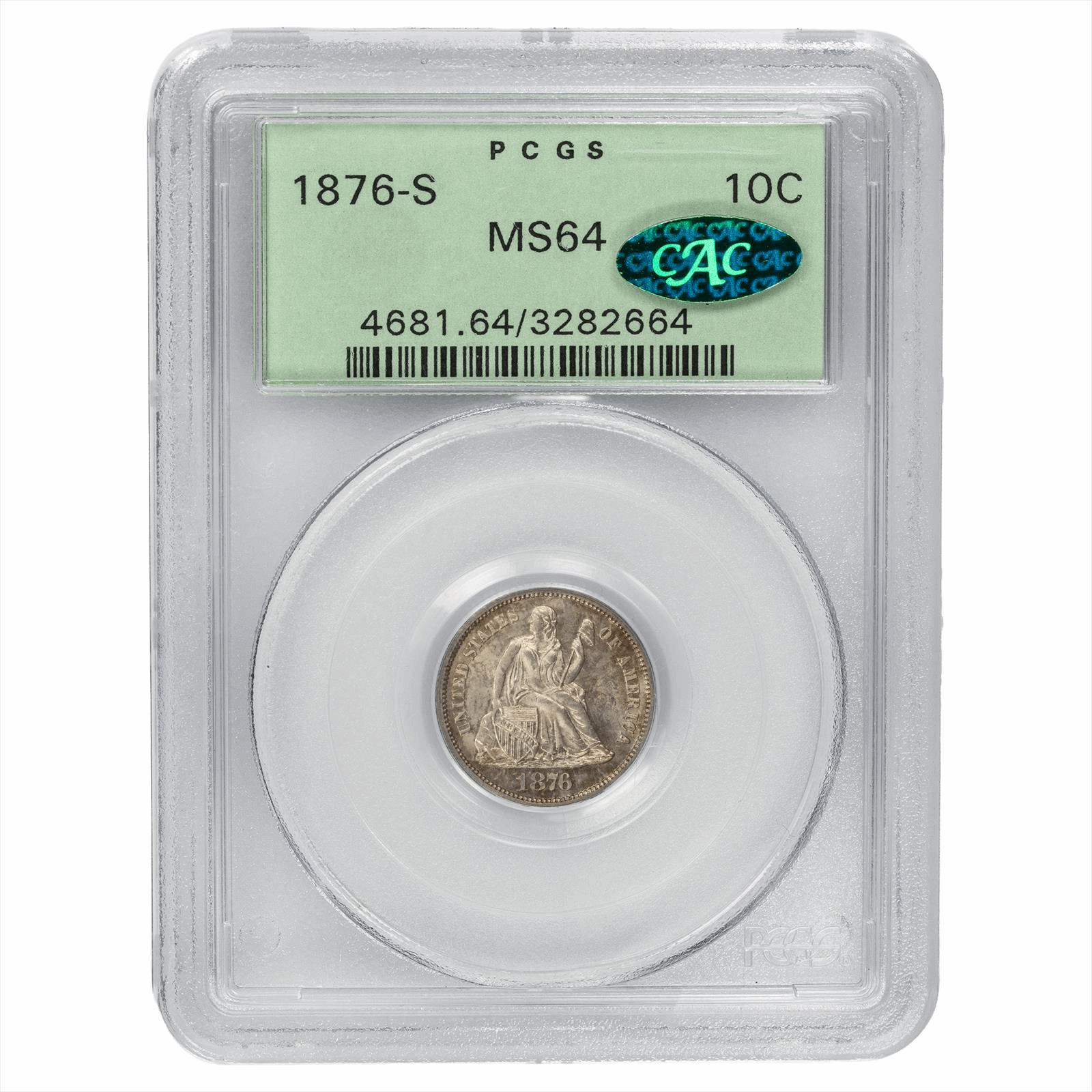 1876-S Seated Liberty Dime 10C PCGS MS 64 CAC