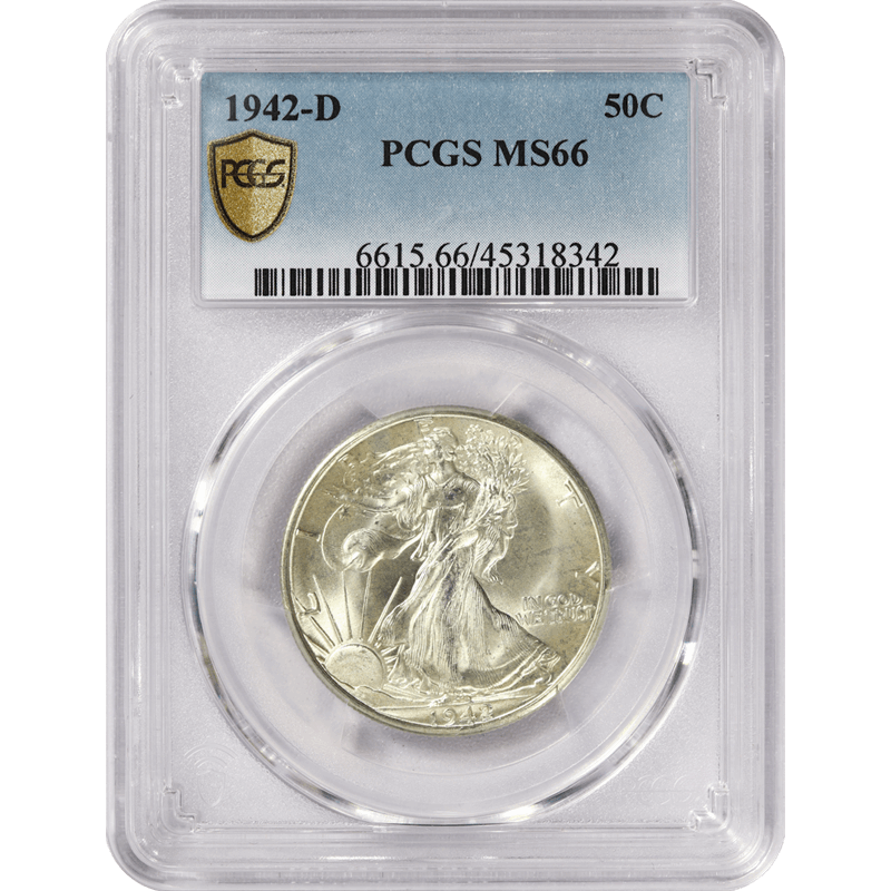 1942-D Walking Liberty Half Dollar 50c, PCGS MS 66  - Nice White Coin