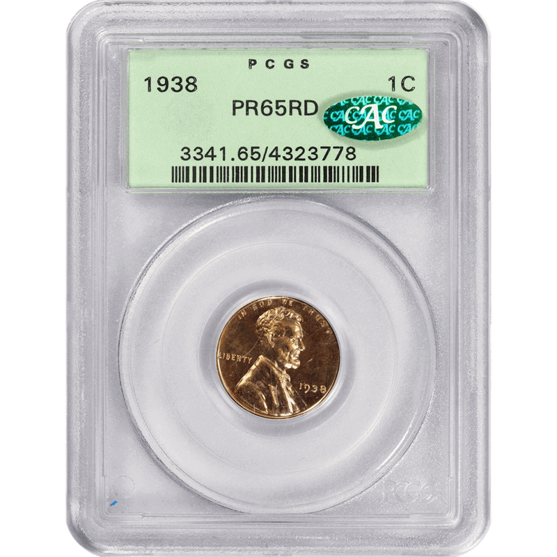 1938 1c Lincoln Wheat Cent - OGH - OLD GREEN HOLDER - PCGS PR65RD CAC