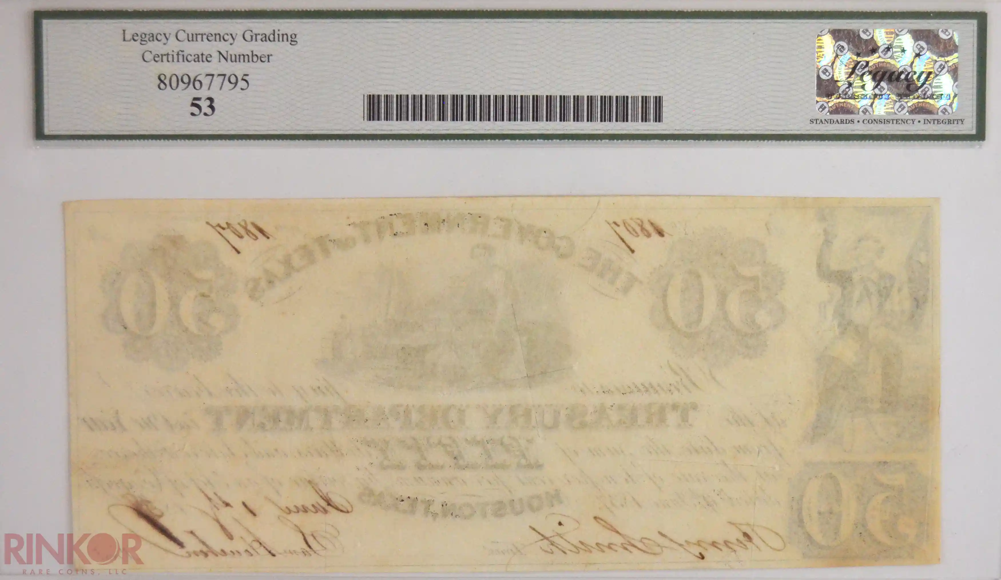 1838 $50 Cr. H21 Government of Texas Cross-Cut Cancelled LCG AU-53