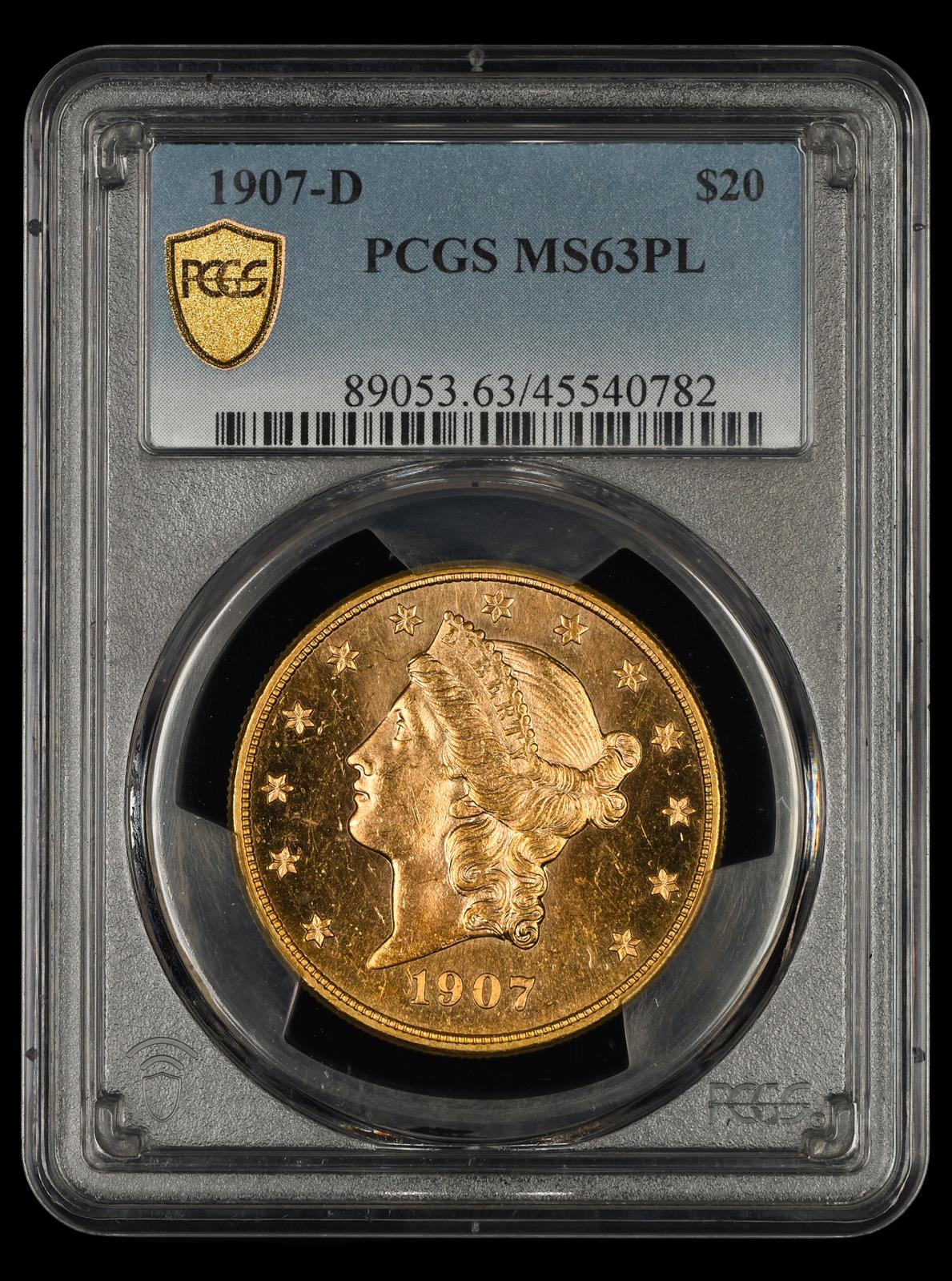 1907 D $20 Gold PCGS MS63PL