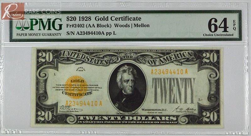 1928 $20 Fr. 2402 Gold Certificate PMG CU 64 EPQ