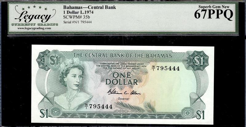 Bahamas Central Bank 1 Dollar L. 1974 Superb Gem New 67PPQ 