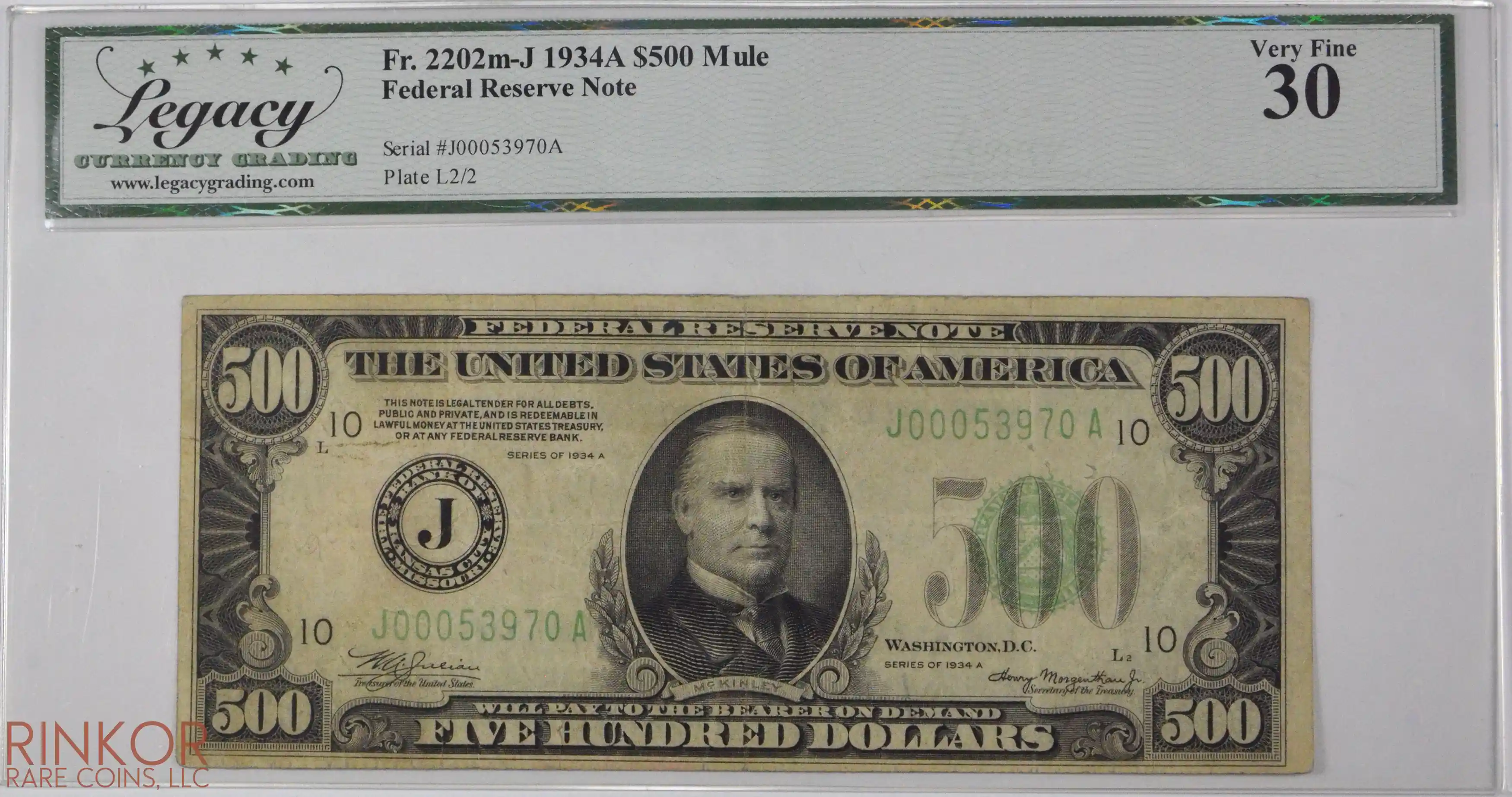 1934A $500 Fr. 2202m-J Mule Federal Reserve Note LCG VF-30