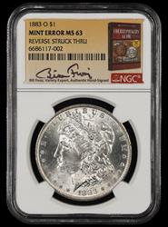 1883 O $1 Mint Error Reverse Struck Thru Bill Fivaz Signature Label NGC MS 63
