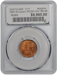 1931-D Lincoln PCGS CAC RD 66