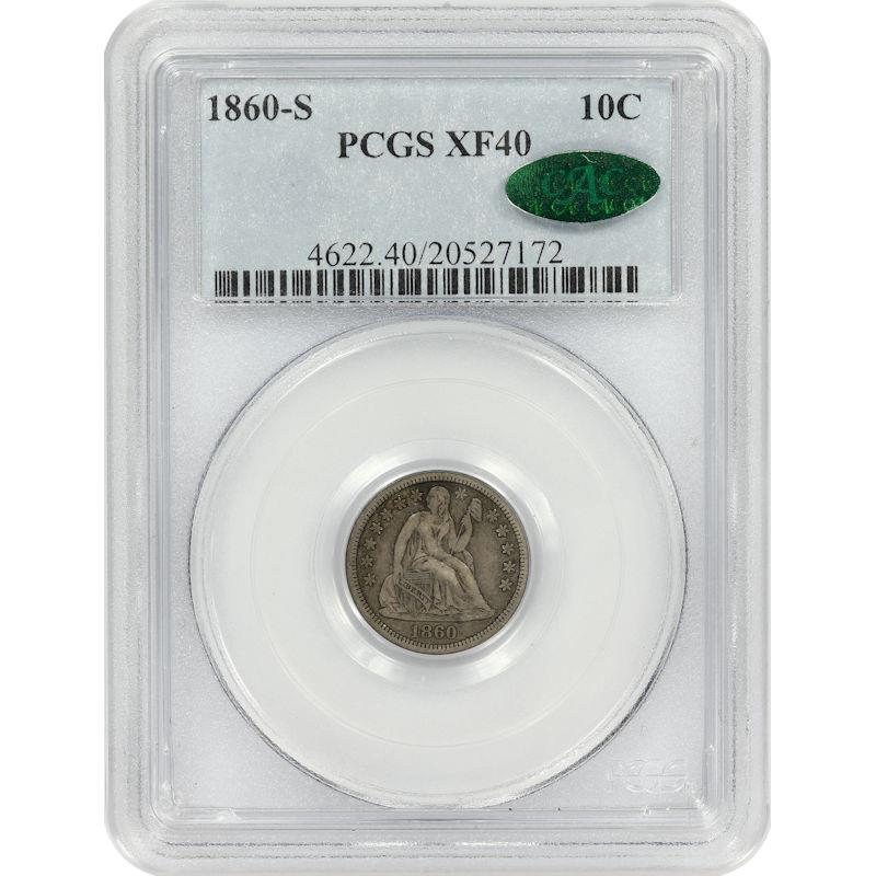 1860-S Seated Liberty Dime 10C PCGS and CAC XF40 Extra Fine