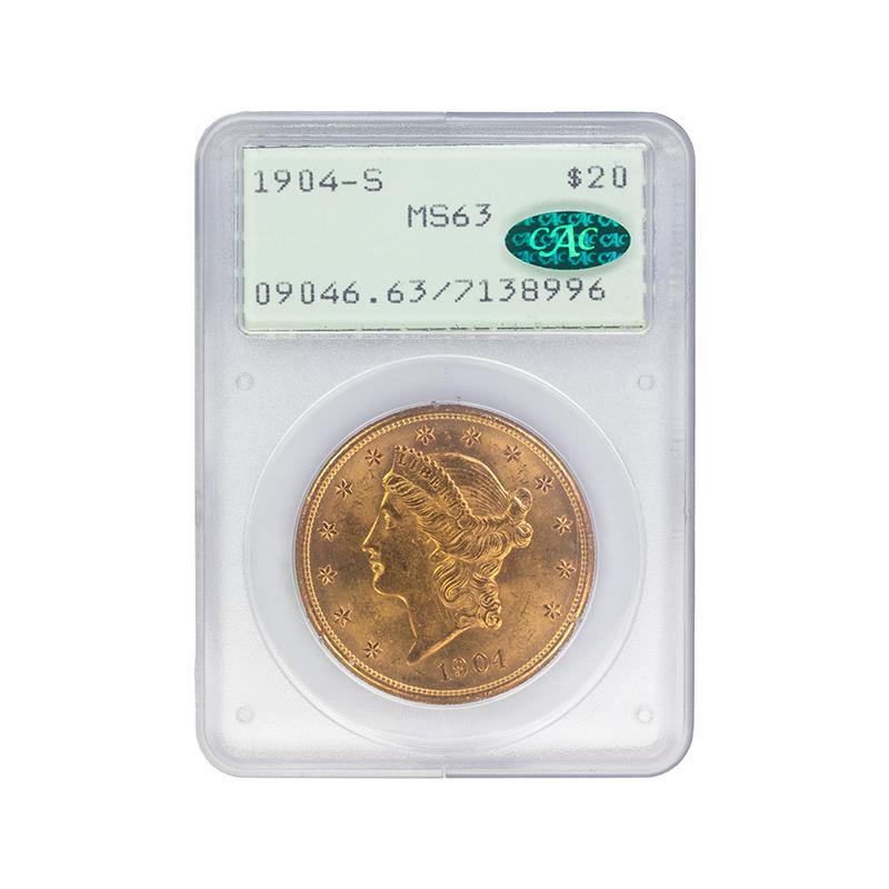 1904-S Liberty Head Gold Piece, $20 PCGS  MS63 CAC - Old PCGS Rattler