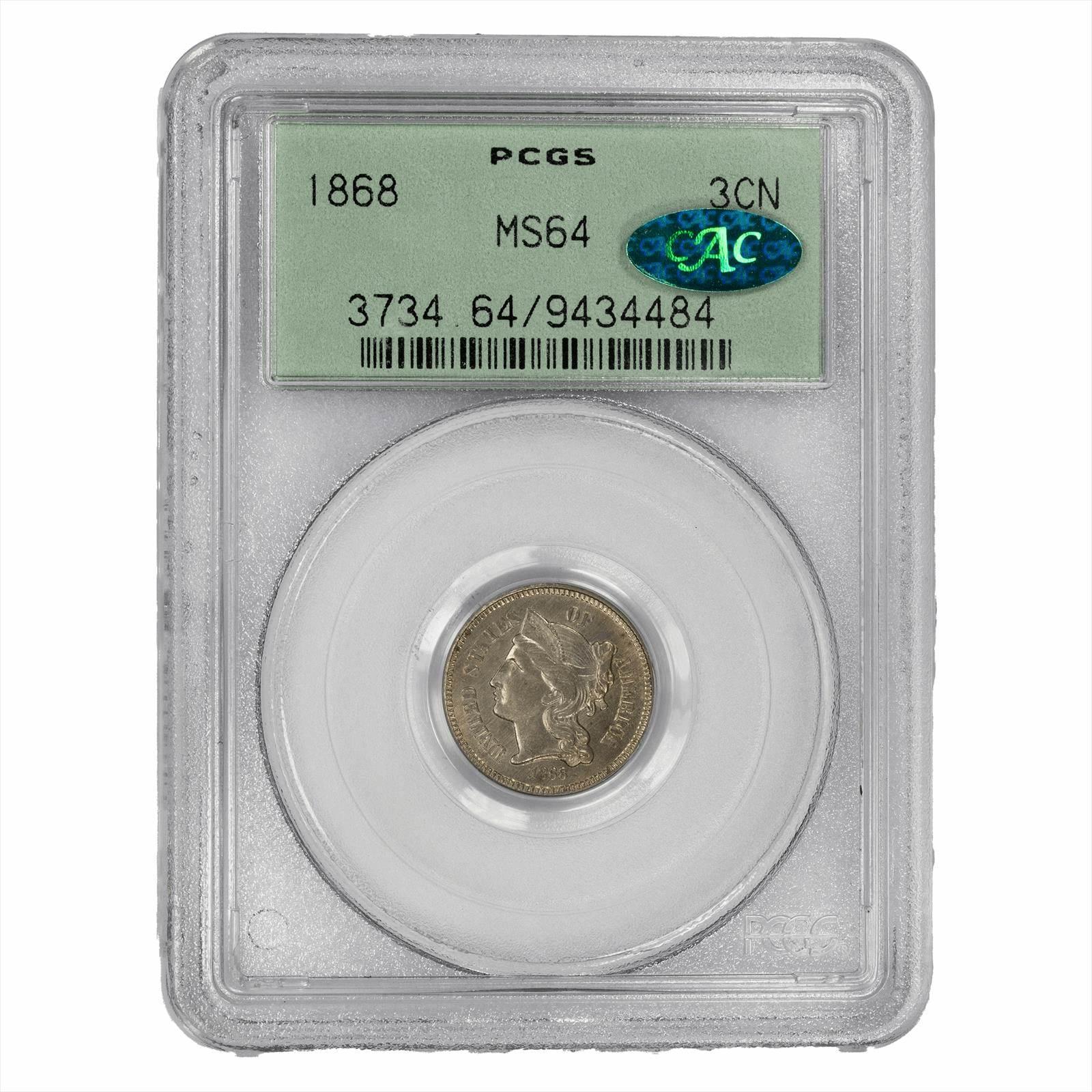 1868 Three Cent Nickel 3CN PCGS MS 64 CAC