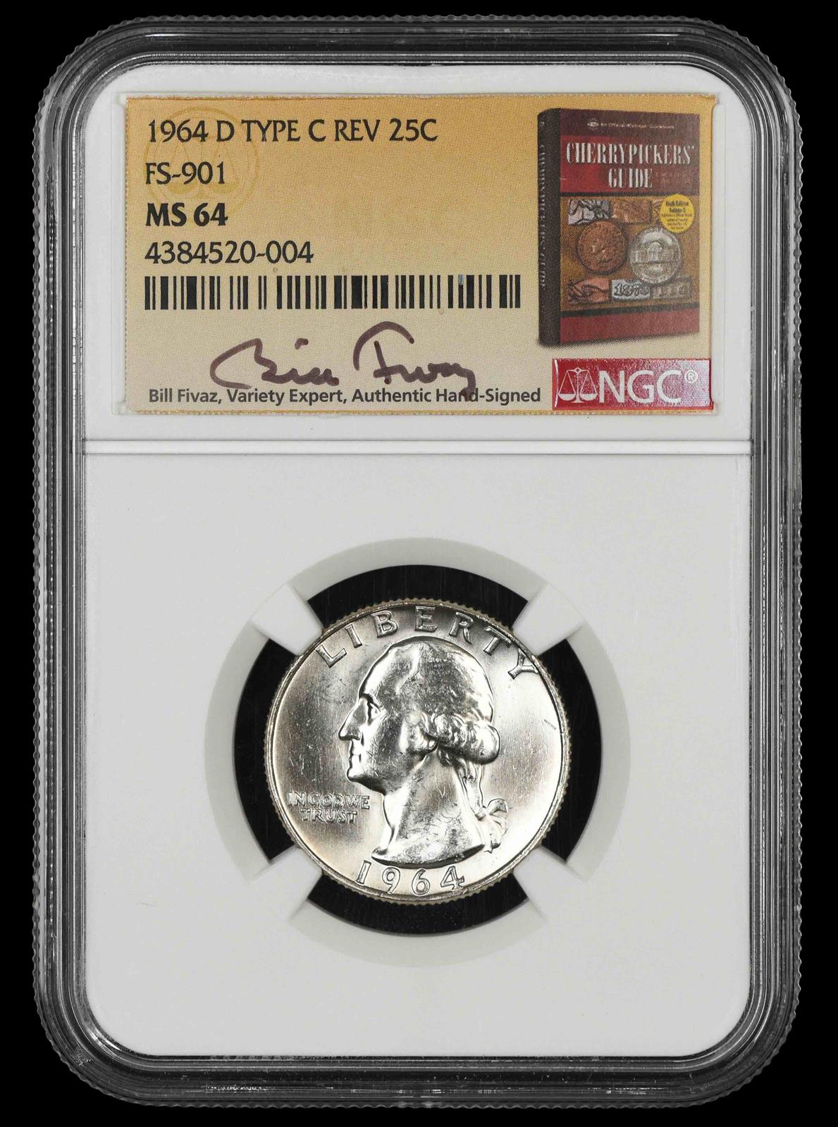 1964 D Washington Quarter NGC MS64 Type C Reverse FS-901 Bill Fivaz Signature Label MS64