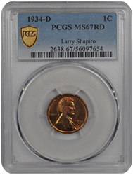 1934-D Lincoln PCGS RD 67
