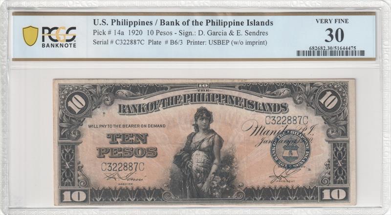 P 14a 1920 10 Pesos Bank of the Philippine USBEP (w/o imprint) PCGS VF30 