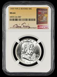 1959 P T2 Reverse Franklin Half Dollar Bill Fivaz Signature Label NGC  MS 64