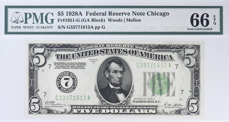 Fr. 1951-G 1928A Chicago $5 Federal Reserve PMG 66 EPQ 