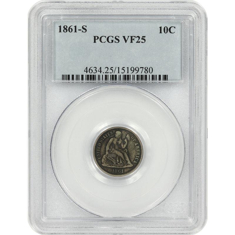 1861-S Seated Liberty Dime 10C PCGS VF25 Civil War Date