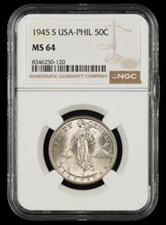 1945 S Philippines 50 Centavos NGC MS64