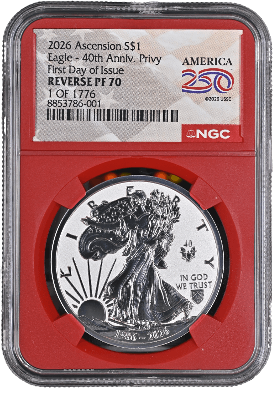 1986-2026 $1 1oz. Ascension Island Tribute American Silver Eagle, Dual-Dated, FDI, Rev.PF70, NGC 