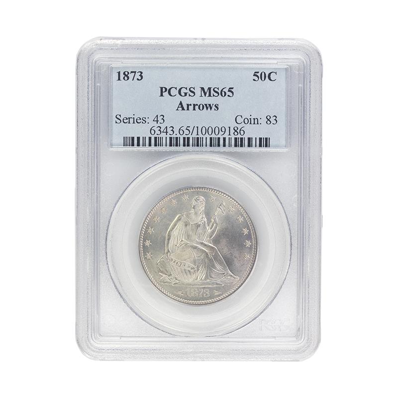 1873 Seated Liberty Half Dollar with Arrows, 50C PCGS MS-65 - Lustrous, Stone-White Gem