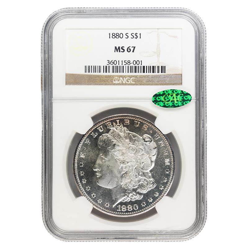 1880-S  Morgan Dollar $1, NGC MS67 CAC Certified - Lovely White Coin