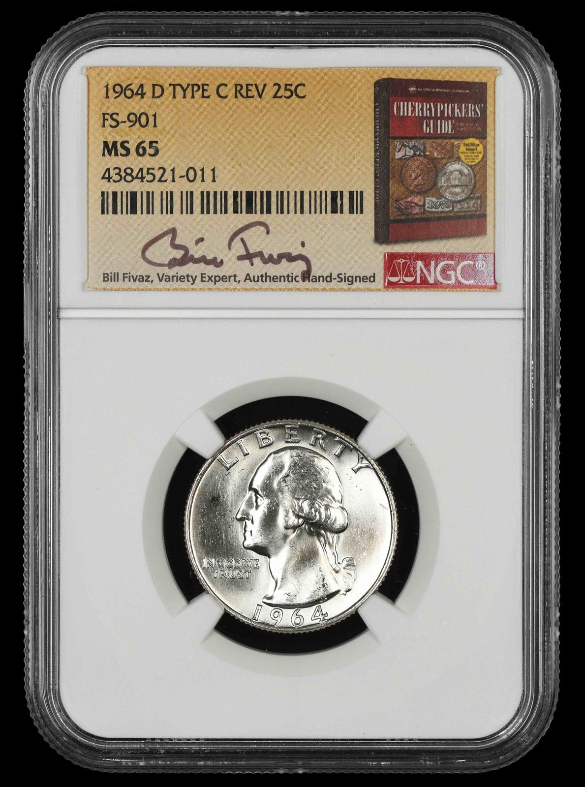 1964 D Washington Quarter Type C Reverse FS-901 Bill Fivaz Signature Label NGC  MS65