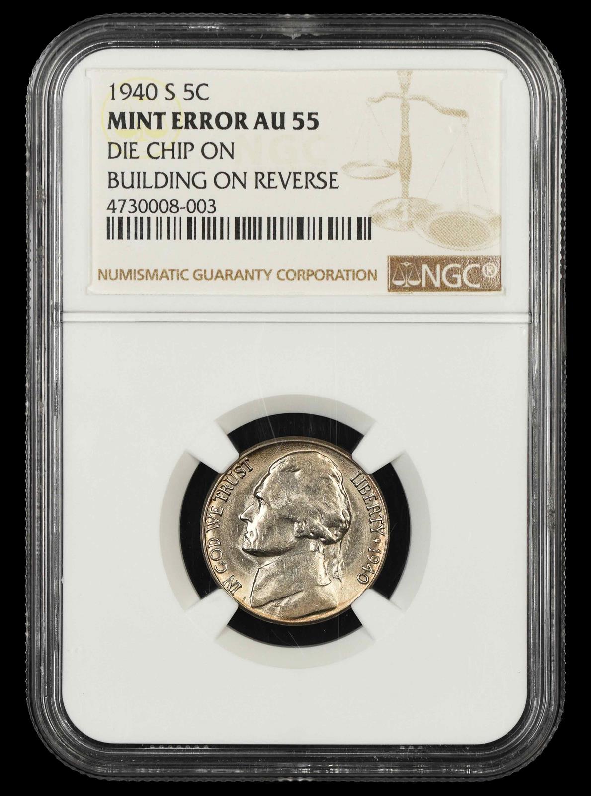 1940 S 5C Mint Error Die Chip On Building On Reverse  AU55