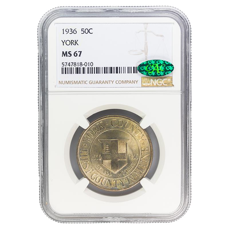 1936 York Commemorative Half Dollar, 50C NGC MS 67 CAC Certified