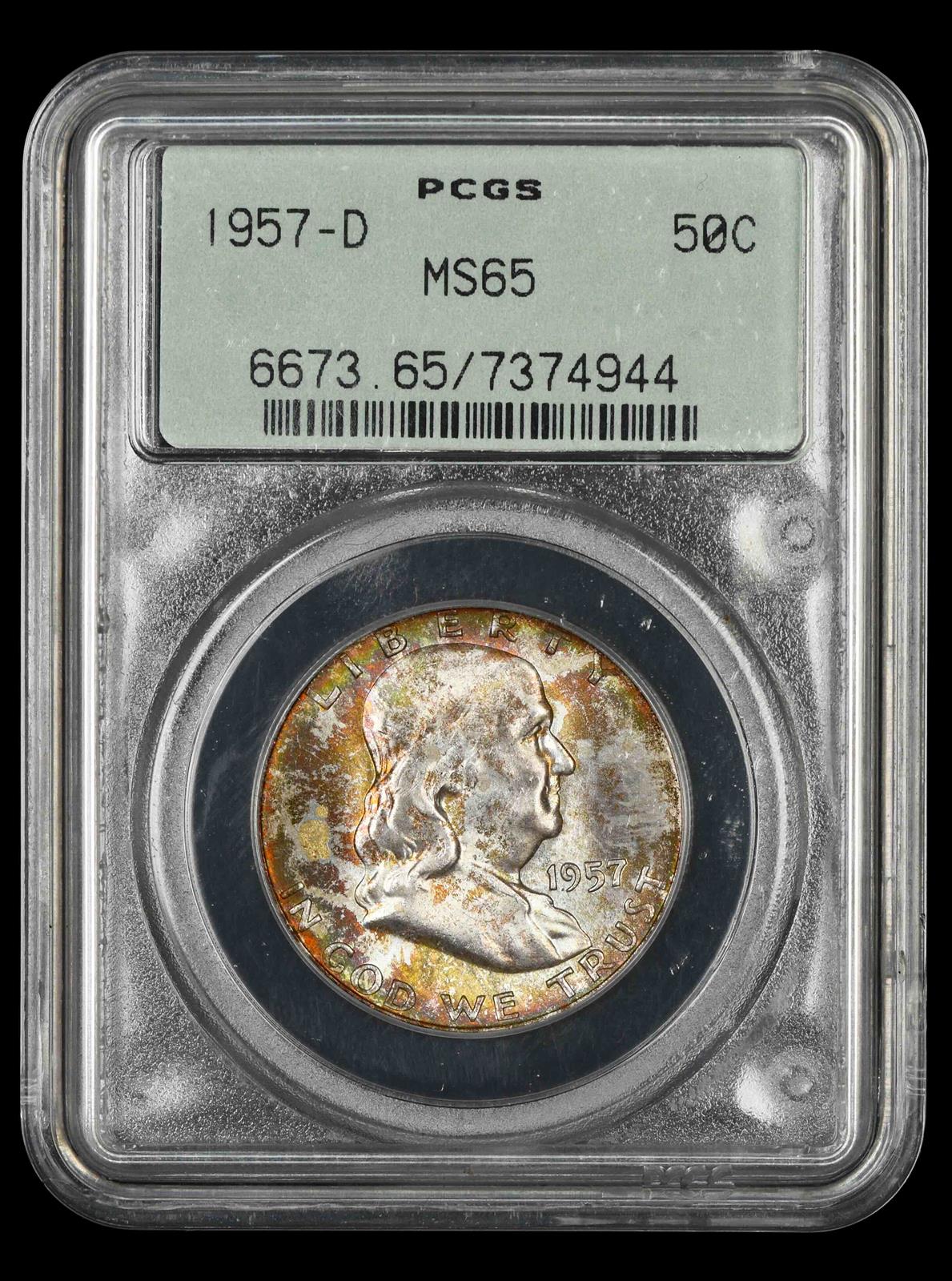 1957-D 50c OGH Attractively Toned PCGS MS65