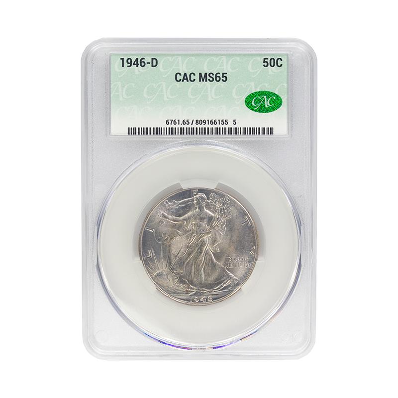 1946-D Walking Liberty Half Dollar 50C CACG MS 65, CAC Certified Green