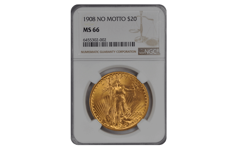 1908 NO MOTTO Saint-Gaudens $20 NGC  #3684-14 MS66