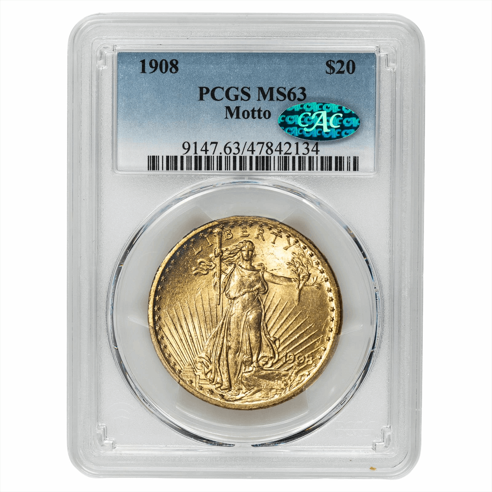 1908  St. Gaudens Double Eagle $20 With Motto PCGS MS 63 CAC