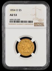 1854-O $5 NGC  AU53