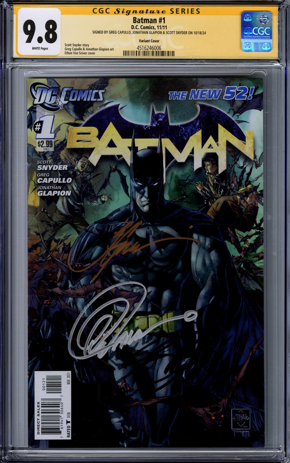Batman #1 CGC Signature Series 9.8 (D.C., 2011) Sogned by Greg Capullo, Jonathan Glapion, & Scott Snyder 
