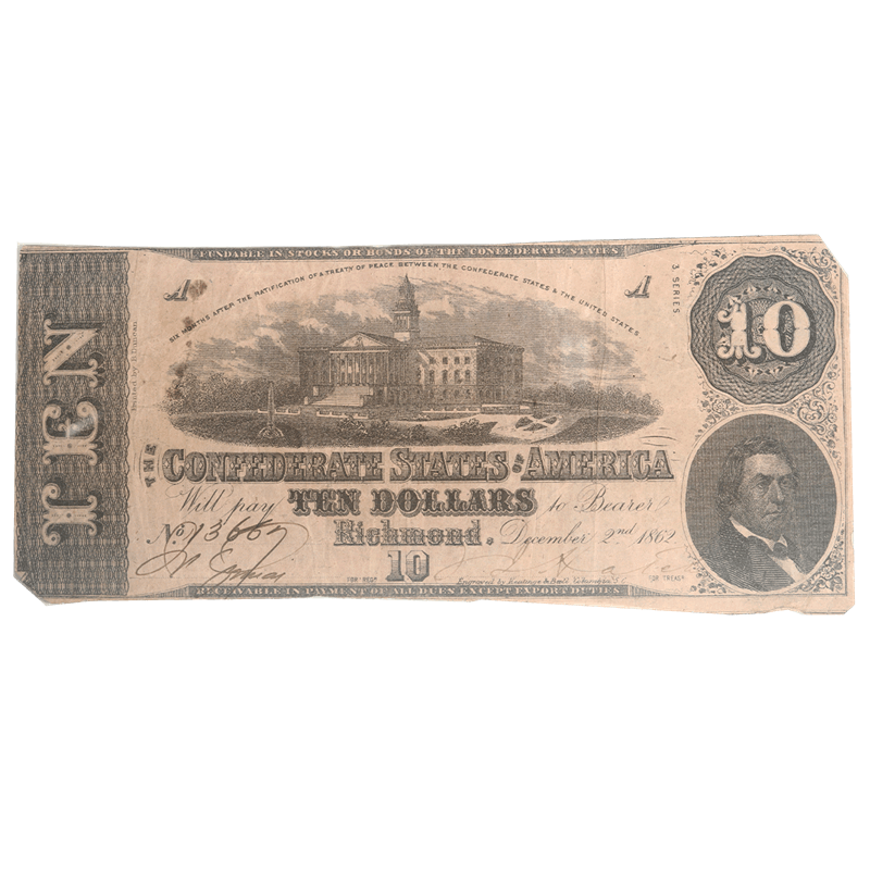 1862 $10 Confederate States of America, Civil War Note, Richmond, VA, T-52, Circulated Very Fine