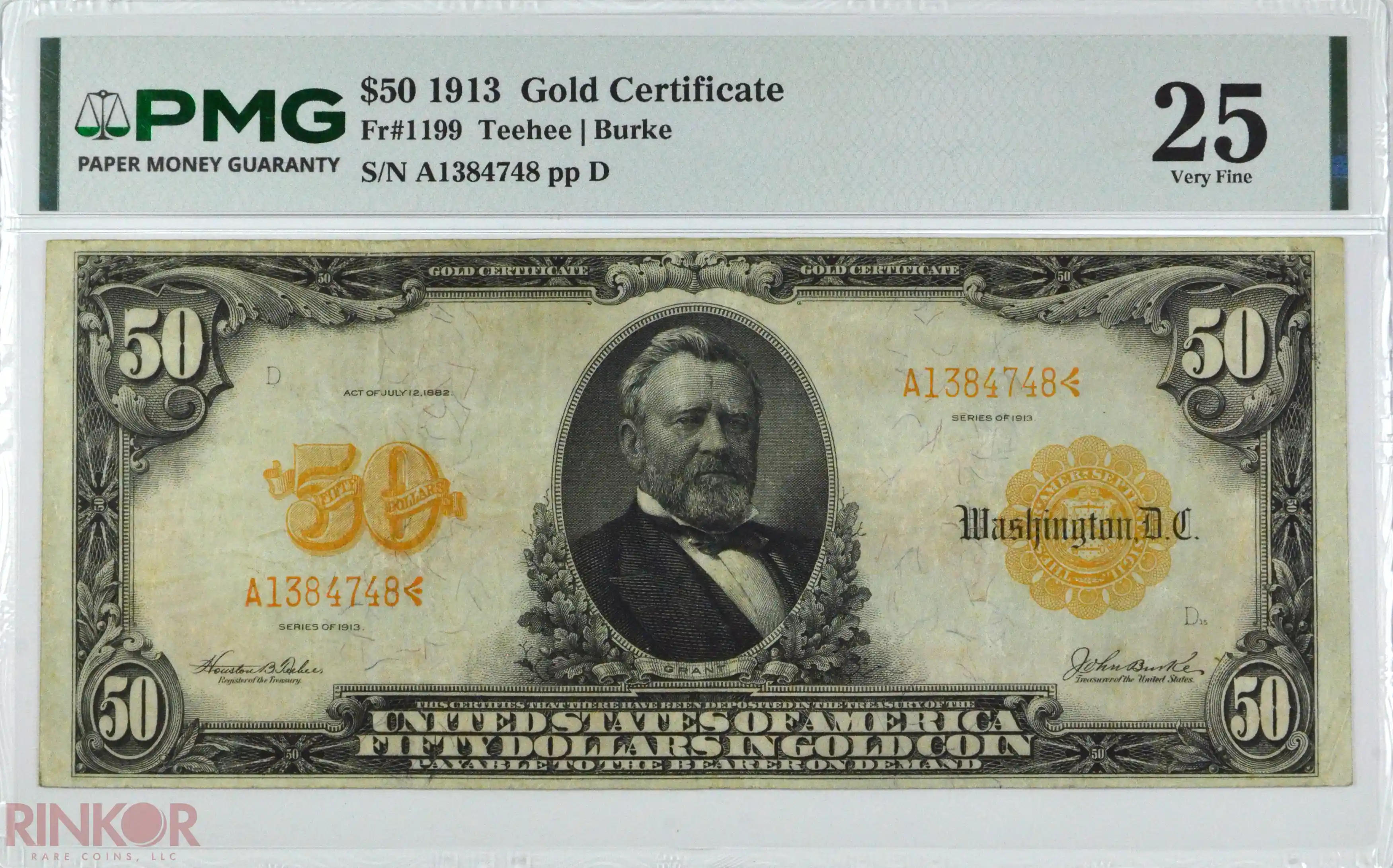 1913 $50 Fr. 1199 Gold Certificate PMG VF-25