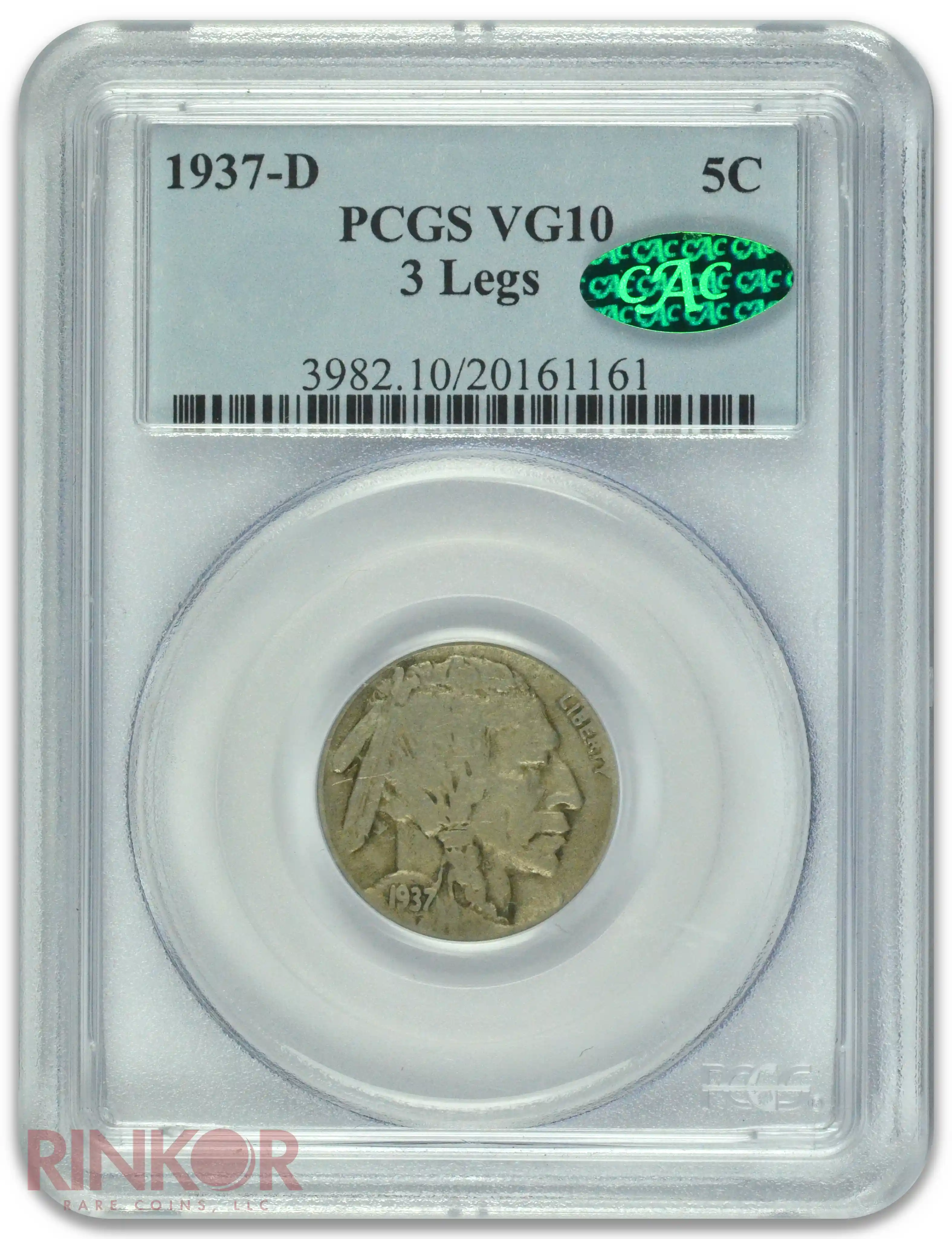 1937-D 3 Legs Buffalo Nickel PCGS VG-10 CAC