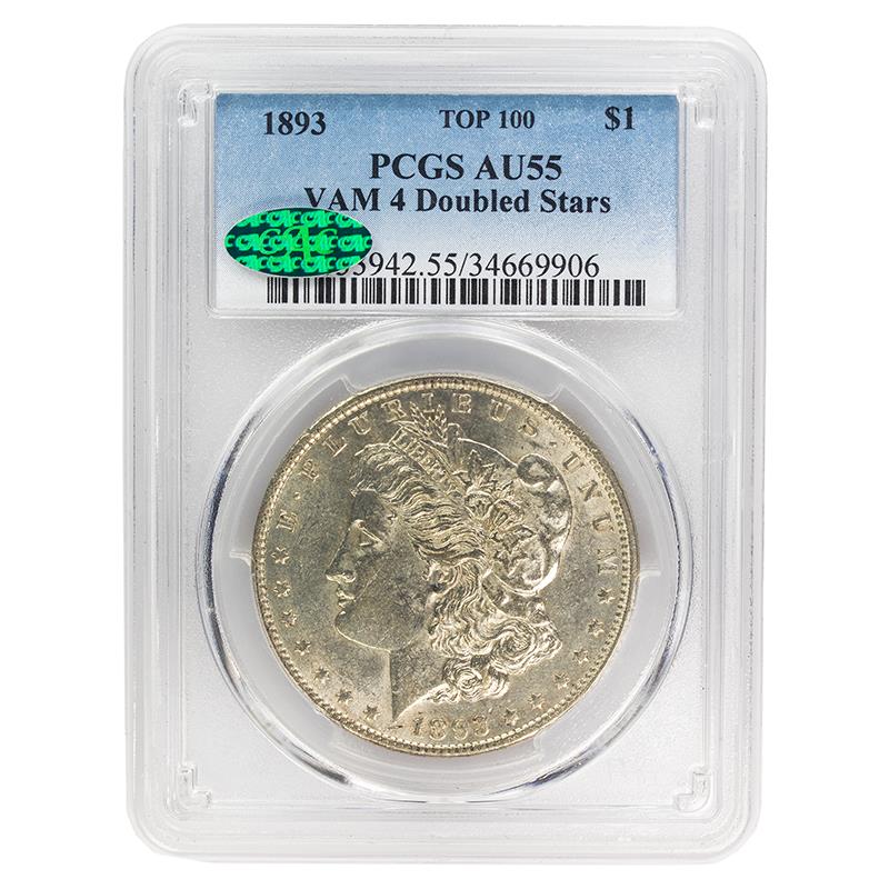 1893 Morgan Dollar VAM 4 Doubled Stars, $1 PCGS AU 55, CAC Certified Top 100