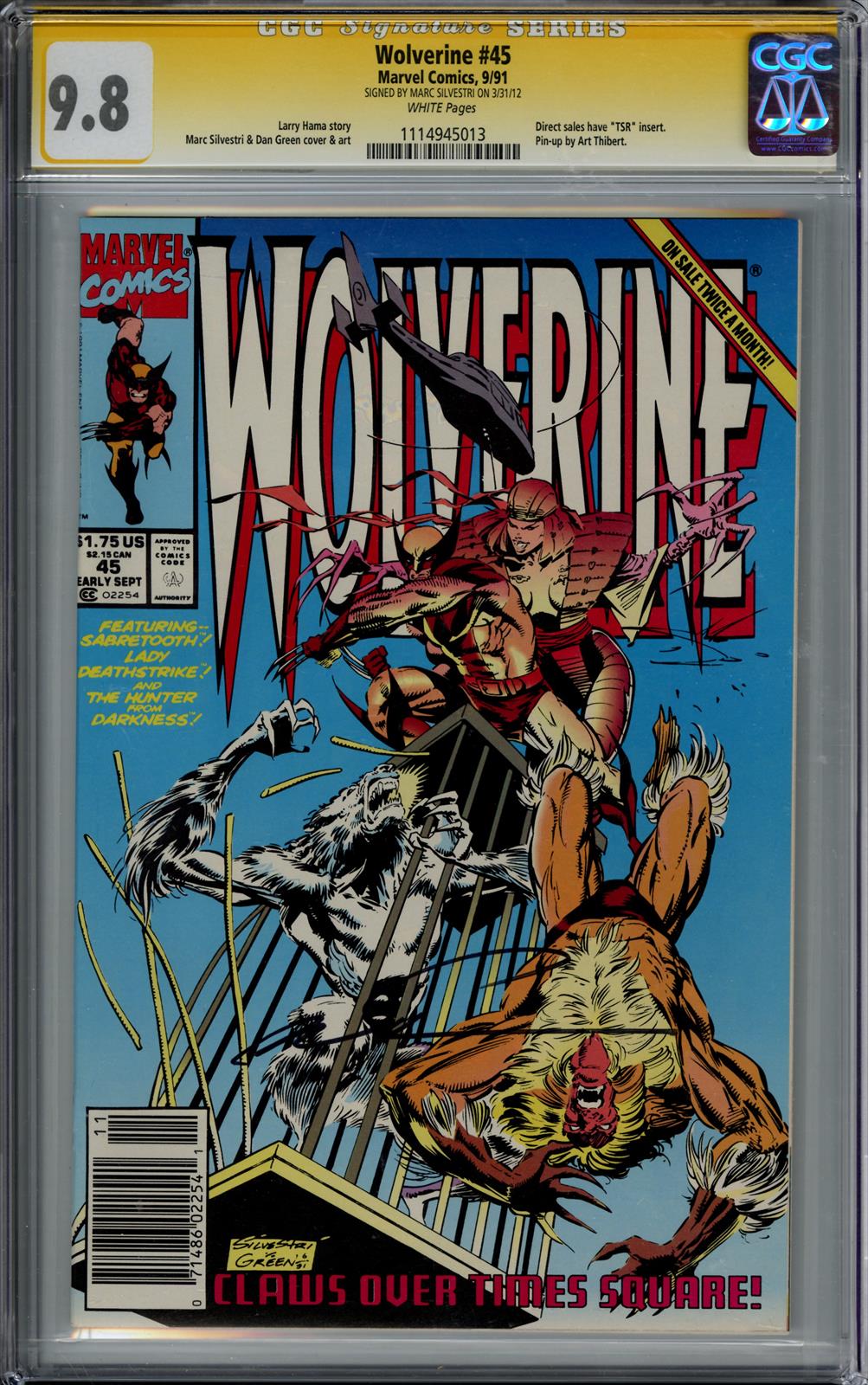 Wolverine #45 CGC Signature Series 9.8 (Marvel, 1991) Signed by Marc Silvestri 