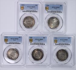 1936 50C York 5 Coin Set PCGS MS65 & MS66 