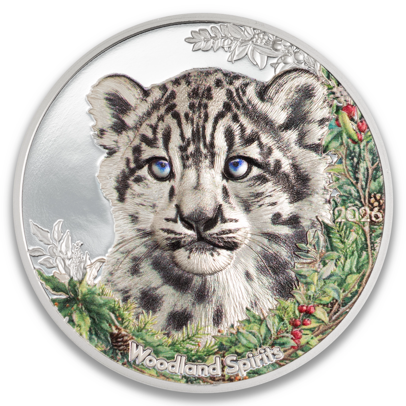 2026 Mongolia Woodland Spirits Snow Leopard 1oz Silver Coin Ultra High Relief