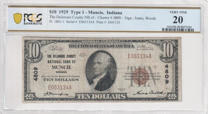 Fr. 1801-1 1929 $10 The Delaware County NB of Muncie 4809 Type 1 PCGS VF20 
