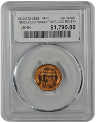 1936 Lincoln PCGS CAC RD 67+