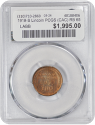 1918-S Lincoln PCGS (CAC) RB 65 