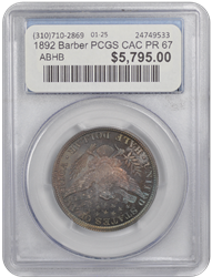 1892 Barber PCGS CAC PR 67