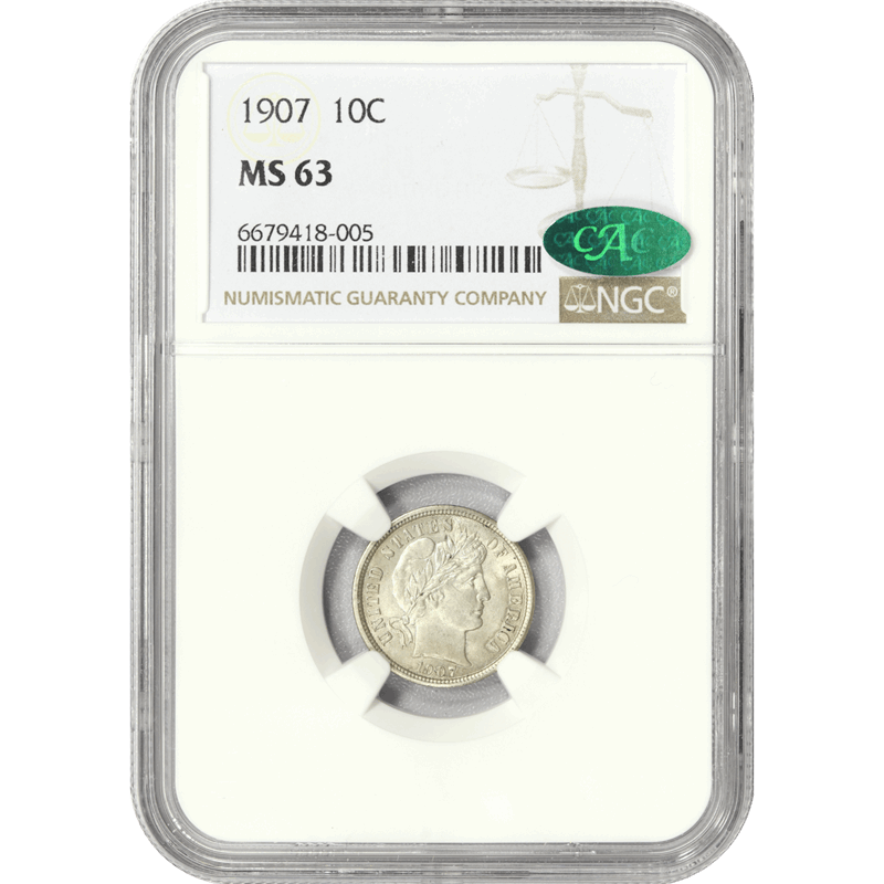 1907 10c Barber Dime - NGC MS63 CAC - Great Luster