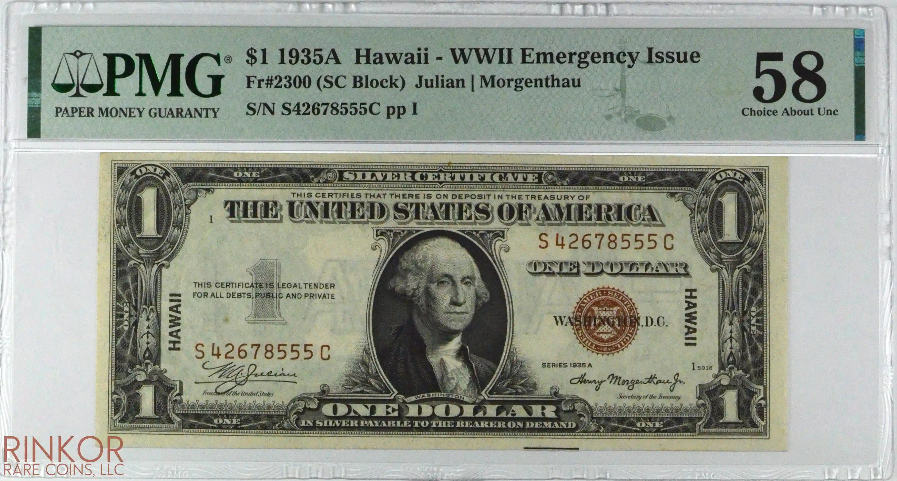 1935A $1 Fr. 2300 Hawaii WWII Emergency Issue PMG AU-58